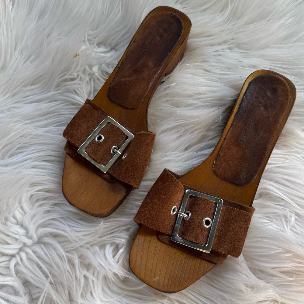 Anthropologie Brown Suede Sandals with Silver Buckle